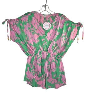 New! Umgee W's Pink Green Floral Satin V-Neck Elastic Waist HighLowTop Small